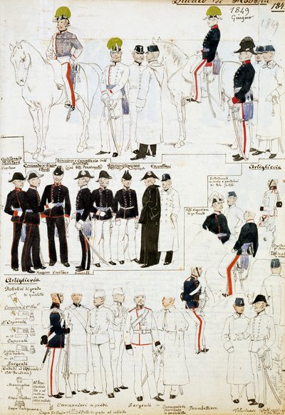 Uniforms of Duchy of Modena in 1849, plate from Cenni Codex collection of military sketches by Quinto Cenni