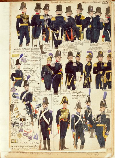Uniforms of the Piedmontese Army from 1814. Color Plate by Cenni Quinto by Quinto Cenni