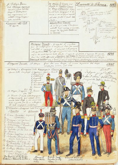 Various uniforms of the Duchy of Parma from 1845, color plate by Cenni Quinto by Quinto Cenni