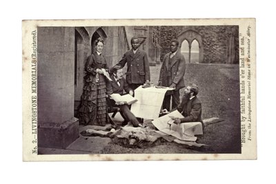 Tom and Agnes Livingstone, Abdullah Susi, James Chuma and Horace Waller, Newstead Abbey, England, June 1874 by R. and Son Allen