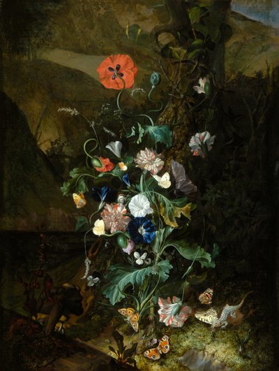 An Arrangement of Flowers by a Tree Trunk by Rachel Ruysch