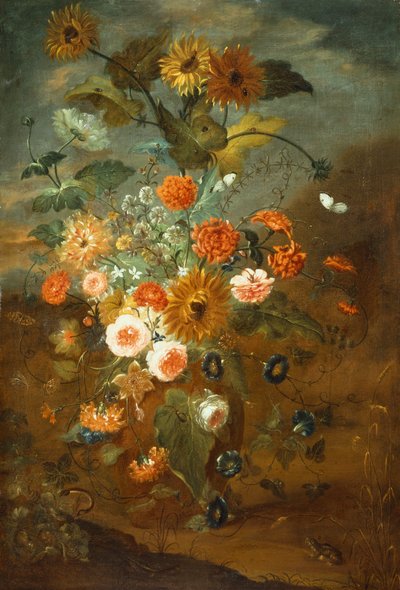 Roses, Carnations, Sunflowers in a Vase with Butterflies, Frogs, Insects by Rachel Ruysch