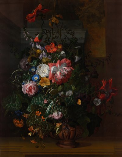 Roses, Convolvulus, Poppies, and Other Flowers in an Urn on a Stone Ledge by Rachel Ruysch