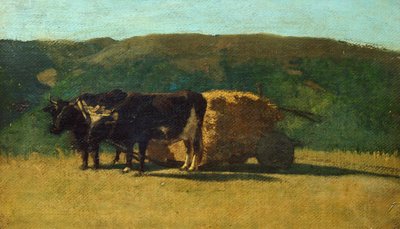Black oxen pulling wagon by Raffaello Sernesi