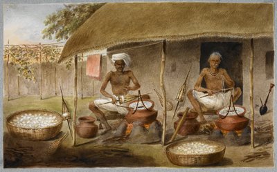 Two men sitting outside a hut drawing out the silk from cocoons, and winding it in spindles by boiling the cocoons in water by Ram Sita