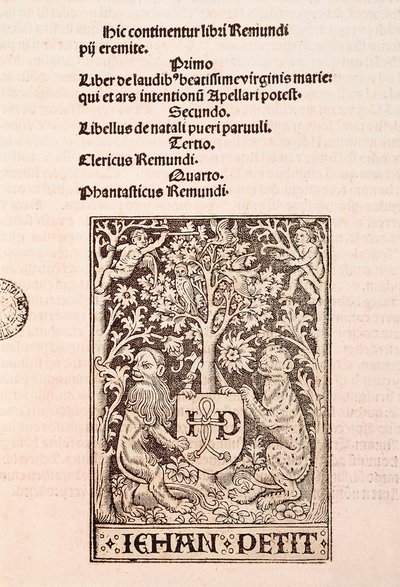 Page of the Codex "De Laudibus Beatissimae Virginis Mariae" by Ramon Llull, depicting two lions holding the coat of arms of the printer Jehan Petit by Ramon Llull