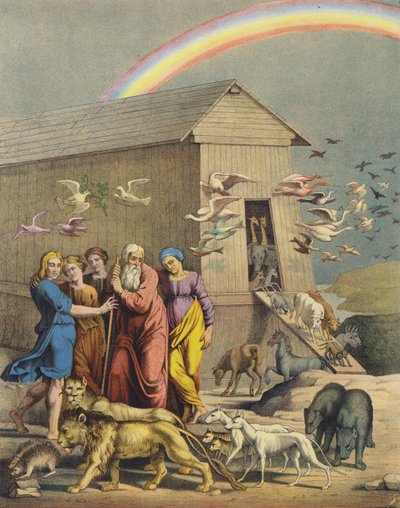 Noah, his family and the animals emerging from the Ark after surviving the flood by after Raphael