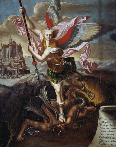 St Michael and the Devil, by Raphael Sanzio, ex-votive of six pilgrims on pilgrimage to Mont Saint-Michel by Raphael (1483 1520) (after)