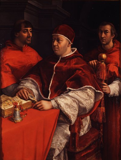 Portrait of Pope Leo X with Cardinals Giulio de Medici and Luigi de Rossi by Raffaello Sanzio Raphael
