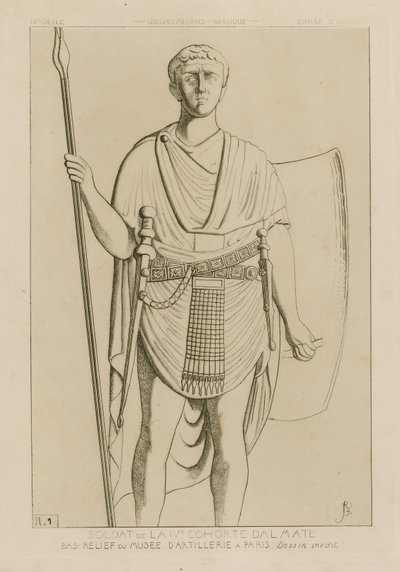 Soldier of the IVth Cohort Dalmatian. Bas Relief of the Artillery Museum in Paris. Unpublished Drawing. Military Costumes - Infantry - Western Empire by Raphael Jacquemin