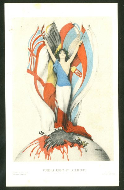 Postcard, Color Satirical: For Law and Freedom - War of 14-18, Allies, Flags - Eagle Illustration by Kirchner by Raphael Kirchner