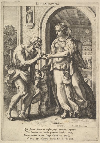 Alms-giving: A Woman with Pearl Headdress and Halo Hands Bread to Two Male Beggars by Raphael Sadeler