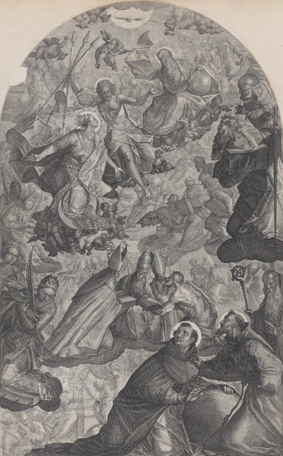 The vision of Saint Dominic, with God the Father and Christ at top center, the Virgin standing, 1607 by Raphael Sadeler II
