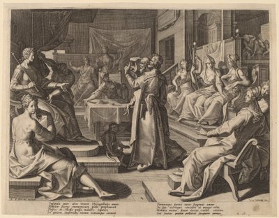 Heliogabalus and the Wise Women by Raphael Sadeler I after Joos van Winghe