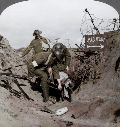 Carrying a wounded soldier to a first aid post, Passchendaele, Belgium, World War I by Realistic Travels Publishers