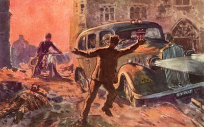 Firemen of the wartime British National Fire Service being alerted to the presence of a badly wounded victim of an air raid, World War II by Reginald Mills