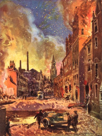 Firemen of the wartime British National Fire Service inspecting a large bomb crater during the Blitz, World War II by Reginald Mills