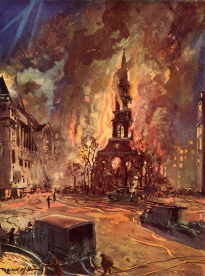 St Clement Danes Church on Fire During the Blitz by Reginald Mills