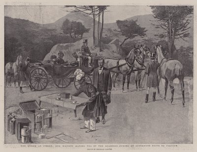The Queen at Cimiez, Her Majesty having Tea by the Roadside during an Afternoon Drive to Falicon by Reginald Thomas Cleaver