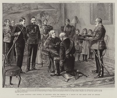 The Queen investing Lord Russell of Killowen with the Insignia of a Knight of the Grand Cross at Osborne by Reginald Thomas Cleaver