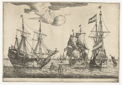 Three Moored Sailing Ships (Thirteen Scenes with Ships series) by Reinier Nooms