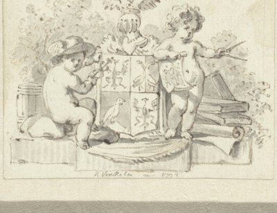 Two Putti with Compass and Aesculapius, by the Family Crest of Schoemaker by Reinier Vinkeles (I)
