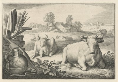 Meadow with Two Lying Cows (Diversa Animalia Quadrupedia) (series title) by Reinier van Persijn