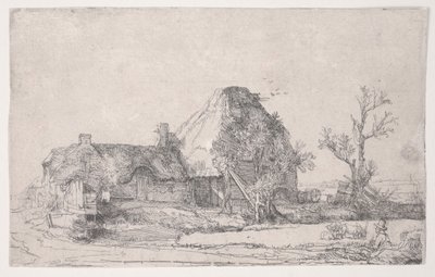 Cottage and Farm Buildings with a Man Sketching by Rembrandt van Rijn