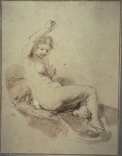 Female Nude Reclining with Arm Raised by Rembrandt Harmensz. van Rijn