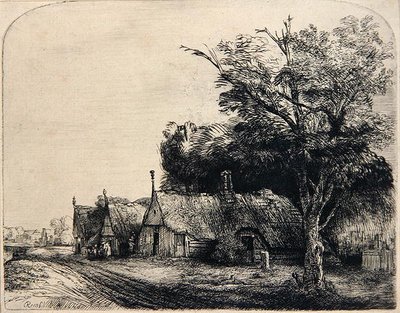 Landscape with Three Huts by Rembrandt Harmensz. van Rijn