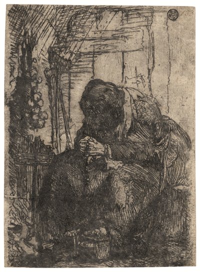 Old Woman Seated in a Cottage with a String of Onions on the Wall by Rembrandt Harmensz. van Rijn