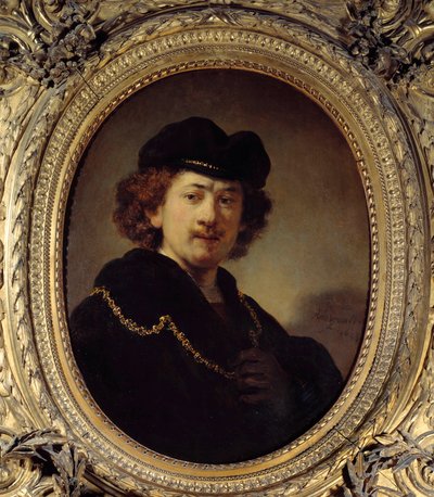 Self-portrait wearing a toque and a gold chain by Rembrandt van Rijn