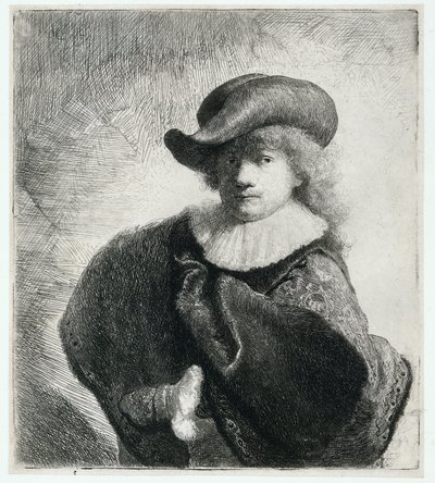 Self Portrait in a Soft Hat and Patterned Cloak by Rembrandt Harmensz. van Rijn