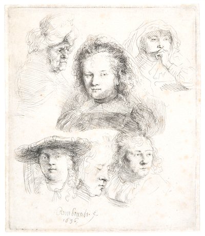 Studies of the head of Saskia and others by Rembrandt Harmensz. van Rijn