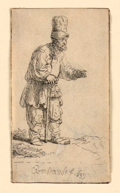 A Peasant in a High Cap, Standing Leaning on a Stick by Rembrandt van Rijn