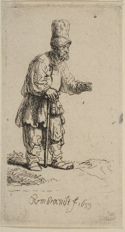 A Peasant in a High Cap, Standing Leaning on a Stick by Rembrandt van Rijn