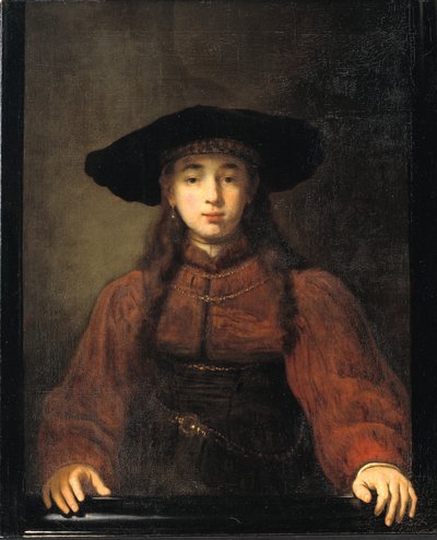 A Young Woman Resting Her Hands on the Picture Frame by Rembrandt van Rijn