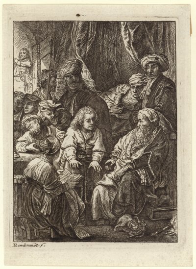 A Crowd of People Gathered Around a Seated Old Man by Rembrandt van Rijn
