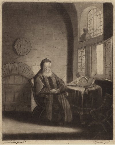 An elderly bearded philosopher sitting at a desk in front of a window by Rembrandt van Rijn