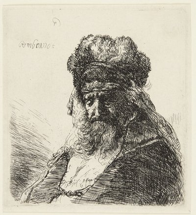 Bearded Old Man with a High Fur Cap, with Eyes Closed by Rembrandt van Rijn