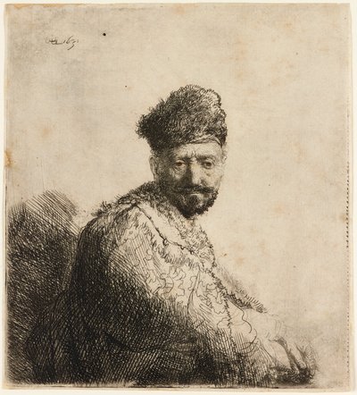 Bearded man in furred oriental cap: the artist