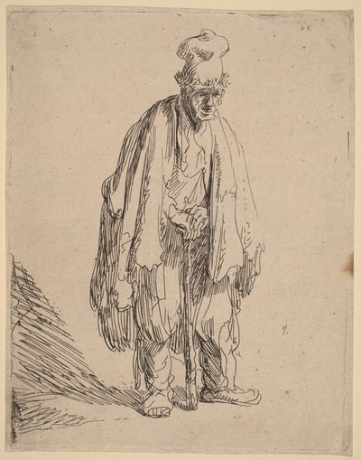 Beggar in a High Cap, Standing and Leaning on a Stick by Rembrandt van Rijn
