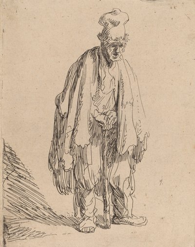 Beggar in a High Cap, Standing and Leaning on a Stick by Rembrandt van Rijn