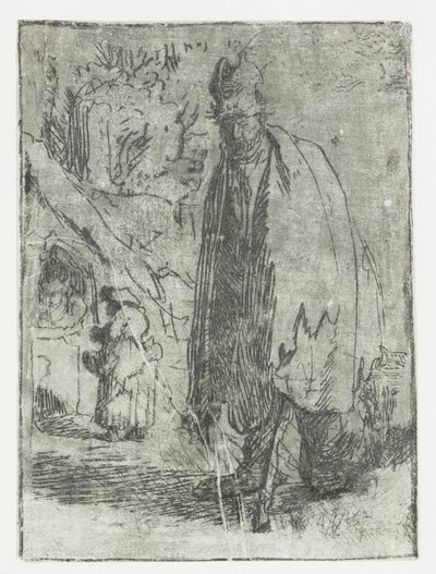 Beggar with a Cottage and Two Figures in the Background by Rembrandt van Rijn