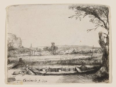 Canal with a Large Boat and Bridge by Rembrandt van Rijn