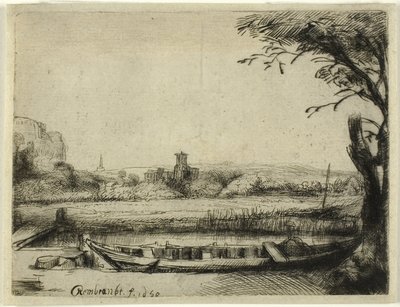 Canal with a Large Boat and a Bridge by Rembrandt van Rijn