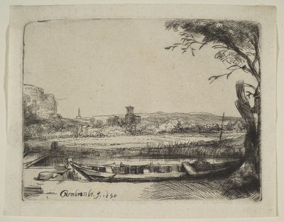 Canal with a Large Boat and a Bridge by Rembrandt van Rijn