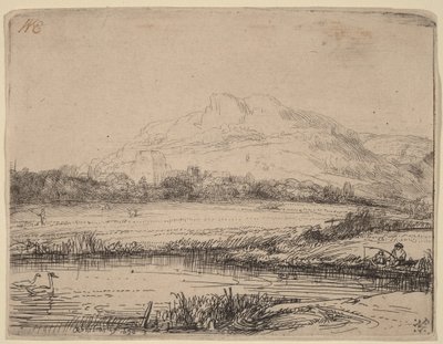 Canal with an Angler and Two Swans by Rembrandt van Rijn