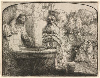 Christ and the Woman of Samaria: An Arched Print by Rembrandt van Rijn