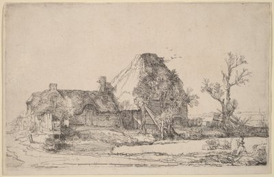 Cottages and Farm Buildings with a Man Sketching by Rembrandt van Rijn
